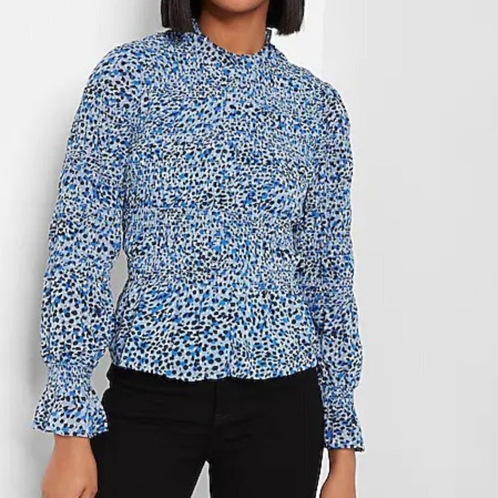 Express Women's Leopard Print Smocked Balloon Sleeve Peplum Top - XS